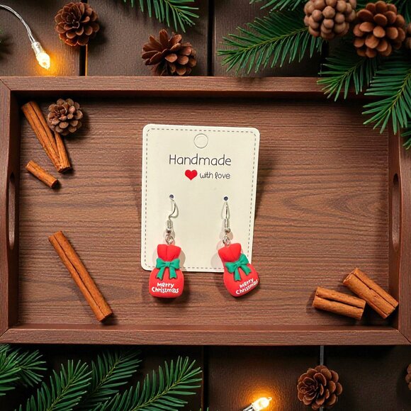 Handmade Christmas Gift Bag Earrings | Polymer Clay Holiday Jewelry - Picture 7 of 12